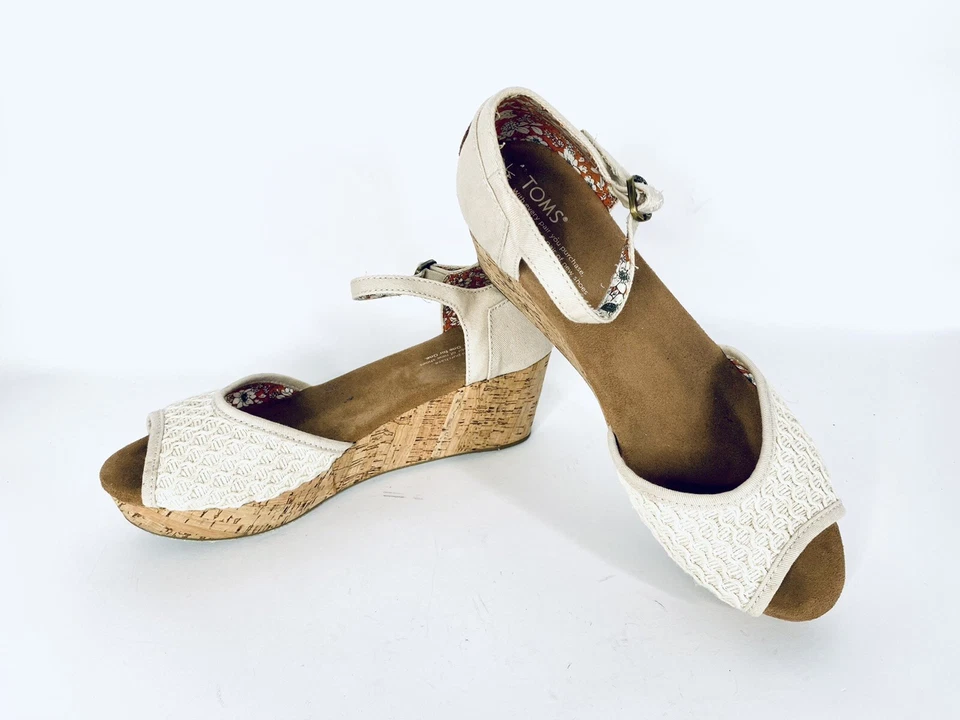 Сандалии Toms пробковые на танкетке бежевые хлопковые ремни на платформе слинг сзади с открытым носком размер 9 Вт - Изображение 4 из 4