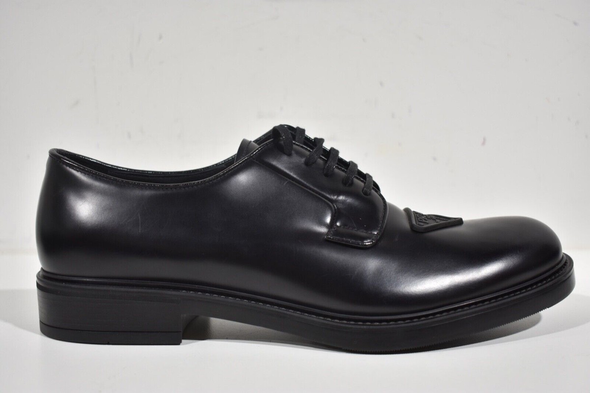 Prada Black Leather Triangle Logo Derby Loafer Lace Up Flat UK 10.5 US 11.5 Prada Platform Leather Triangle Logo Loafers - Bergdorf Goodman main image 3