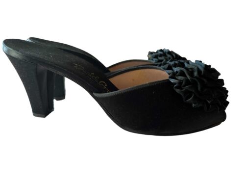 Sz 7 Vtg 50s Peep Toe Black Satin Shoe Hi Heel Boudoir Slipper Mule Daniel Green - Picture 1 of 12