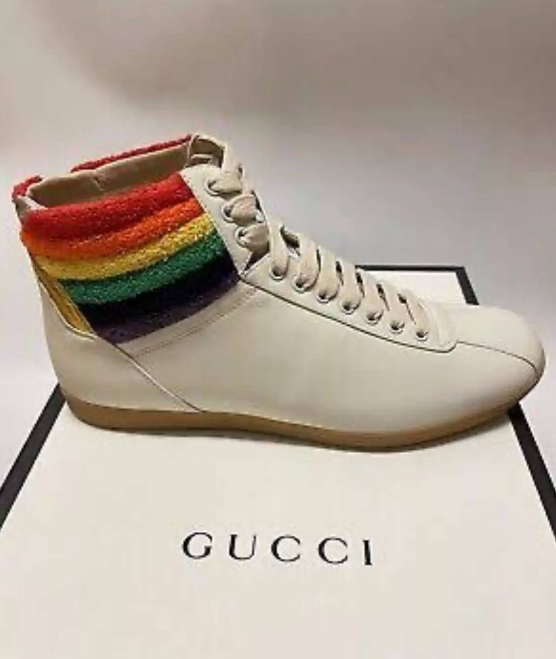 Baskets montantes homme Gucci cuir crème arc en ciel neuves authentiques 473375 9080