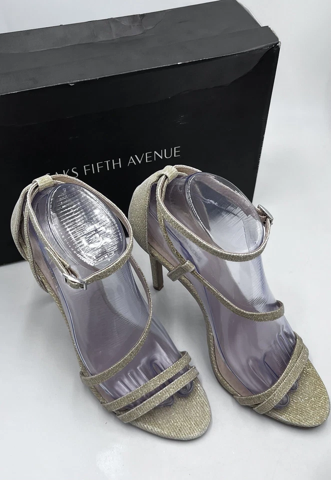 Saks Fifth Avenue Gold Glitter Ankle Strap Stiletto Heels Size 8.5 M - Image 2 of 4