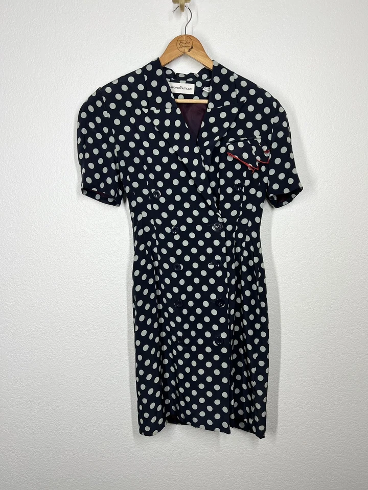 Vestido Nipon Boutique Lunares Seda Talla 6 Vintage Años 80 Azul Marino Blanco Náutico Foto 3 de 4