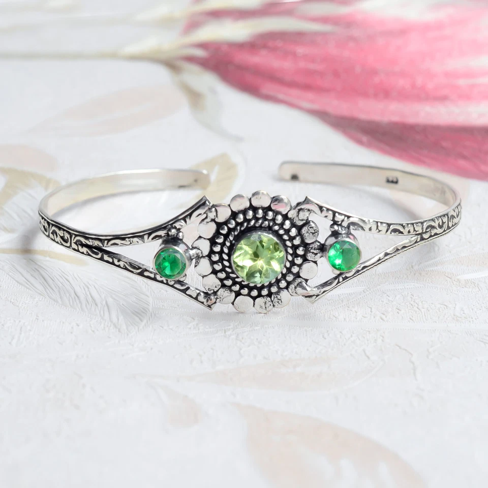 Peridot Cut,Chrome Diopside Gemstone Cuff 925 Sterling Silver Handcraft Bracelet - Image 3 of 4