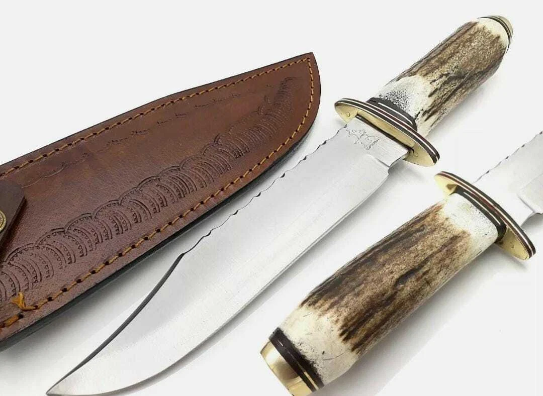 CUSTOM HANDE MADE D2 STEEL HUNTING DAGGER BOWIE KNIFE WITH STAG HANDLE & LEATHER