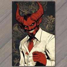 FLATCARD Red Tie Devil in Suit Smiling Cartoon Style Dark Background Satan