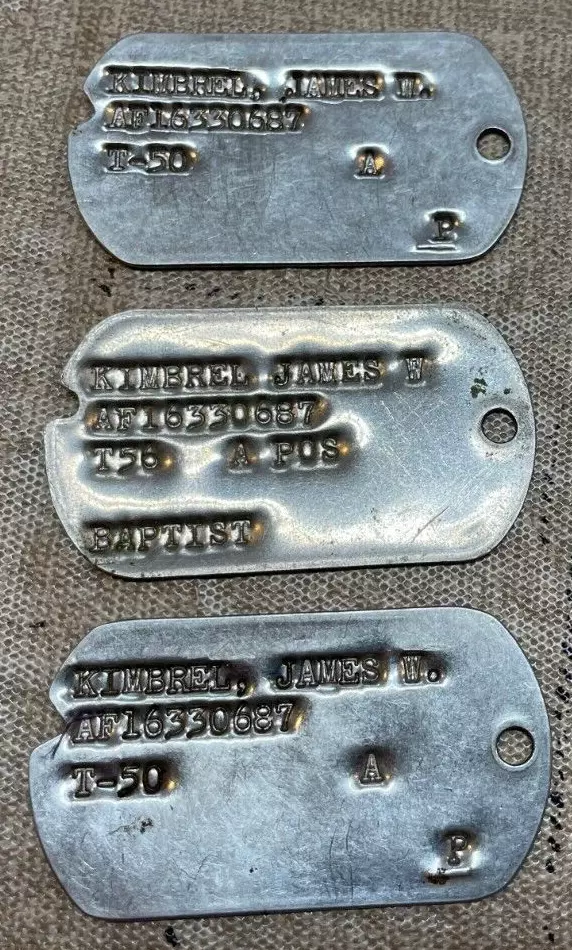 3 Antique Vintage Military Dog Tags James W Kimbrel T-50 T-56 A POS Baptist