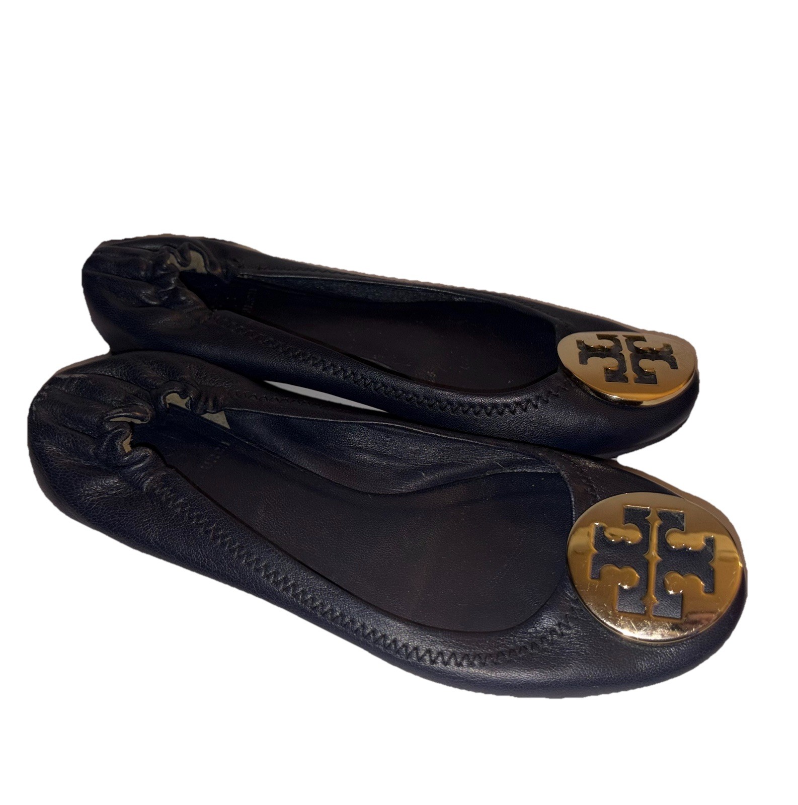 TORY BURCH Reva Navy Blue Leather Ballet Flats Gold Logo Medallion Sz 6 M thumbnail 3