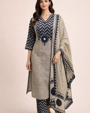 Indian Pakistani Heavy Cotton Kurta Set Women Party Wear Kurti Pant Dupatta Set
