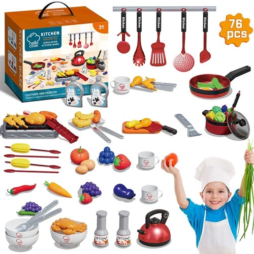 Kinder 76-teilig Küche Lebensmittel Kochutensilien Töpfe Pfannen Zubehör Spielzeug Spielen Set - Bild 2 von 7