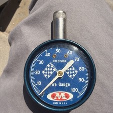 Vtg blue Meiser M Accu-Gage Precision 100 psi Tire Gauge Red Checkered Flag USA