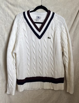 Vintage 80s Izod Lacoste Tennis Sweater Men Large Chunky Cable Knit Cricket
