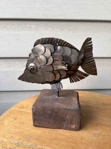 Vintage Brutalist Fish Sculpture Rustic Industrial Metal Art MCM 7"