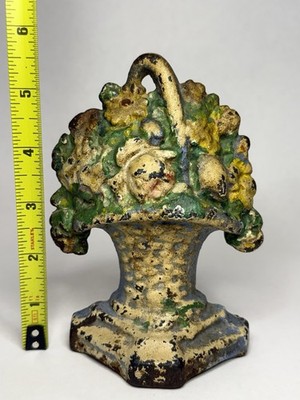Antique Repro Cast Iron #6 Basket of Flowers Doorstop   Original Paint VTG B25