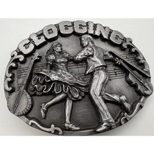 1987 Siskiyou Buckle Co Clogging Pewter Belt Buckle USA Dance Music Banjo Fiddle