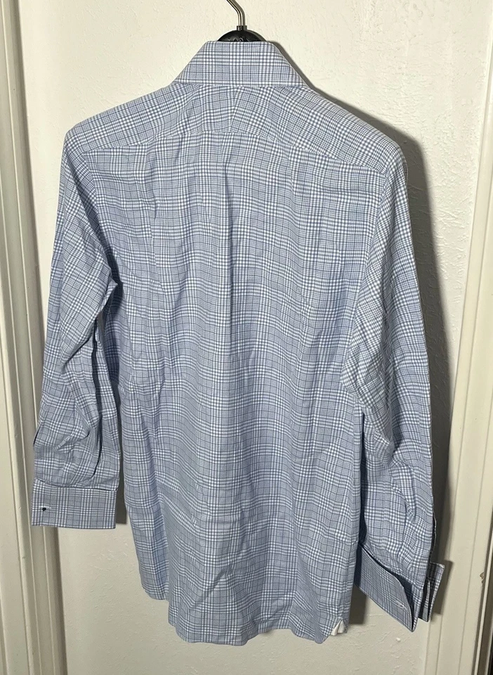 Camisa social masculina Tom Ford tamanho 38 (15-32) punho francês algodão azul xadrez luxo - Imagem 3 de 4