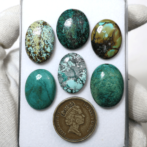 Mountain Treasures ~ Lote de 6 piedras preciosas cabujón turquesa natural Hubei 20-22 mm - Imagen 2 de 9