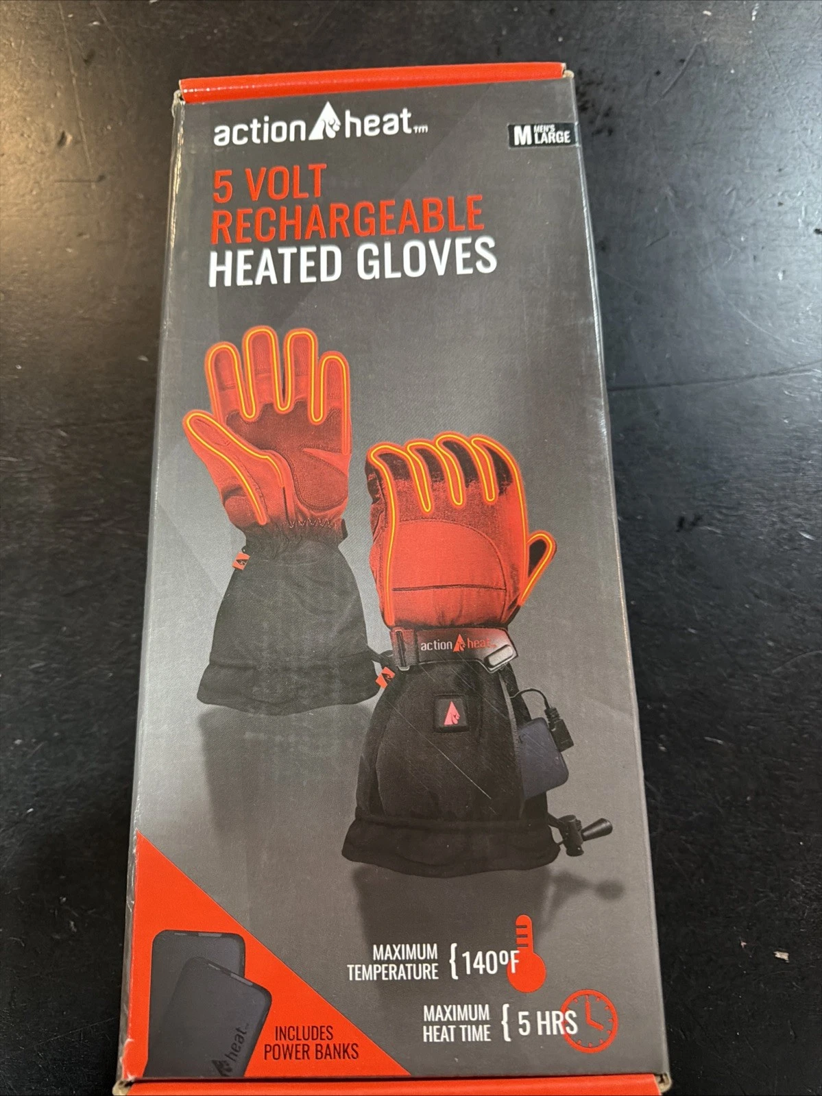 Actionheat Workwear Men's Large Black 5Volt Battery Heated Gloves-open box