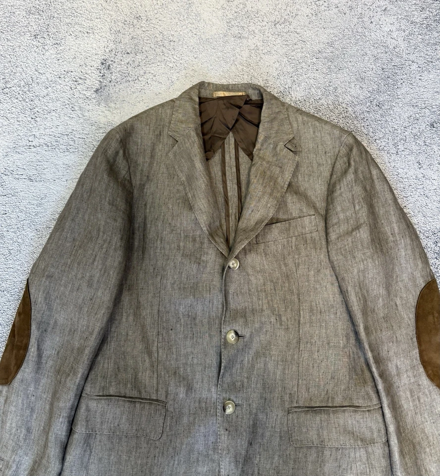 Hackett London Linen Blazer 38R 48R Herringbone Elbow Patches 3 Button Jacket - Image 2 of 4