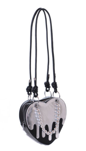 LB-6094-2 Schwarz Silber Metallic Sirup Herz Perlenriemen Goth Party Tasche - Bild 1 von 8