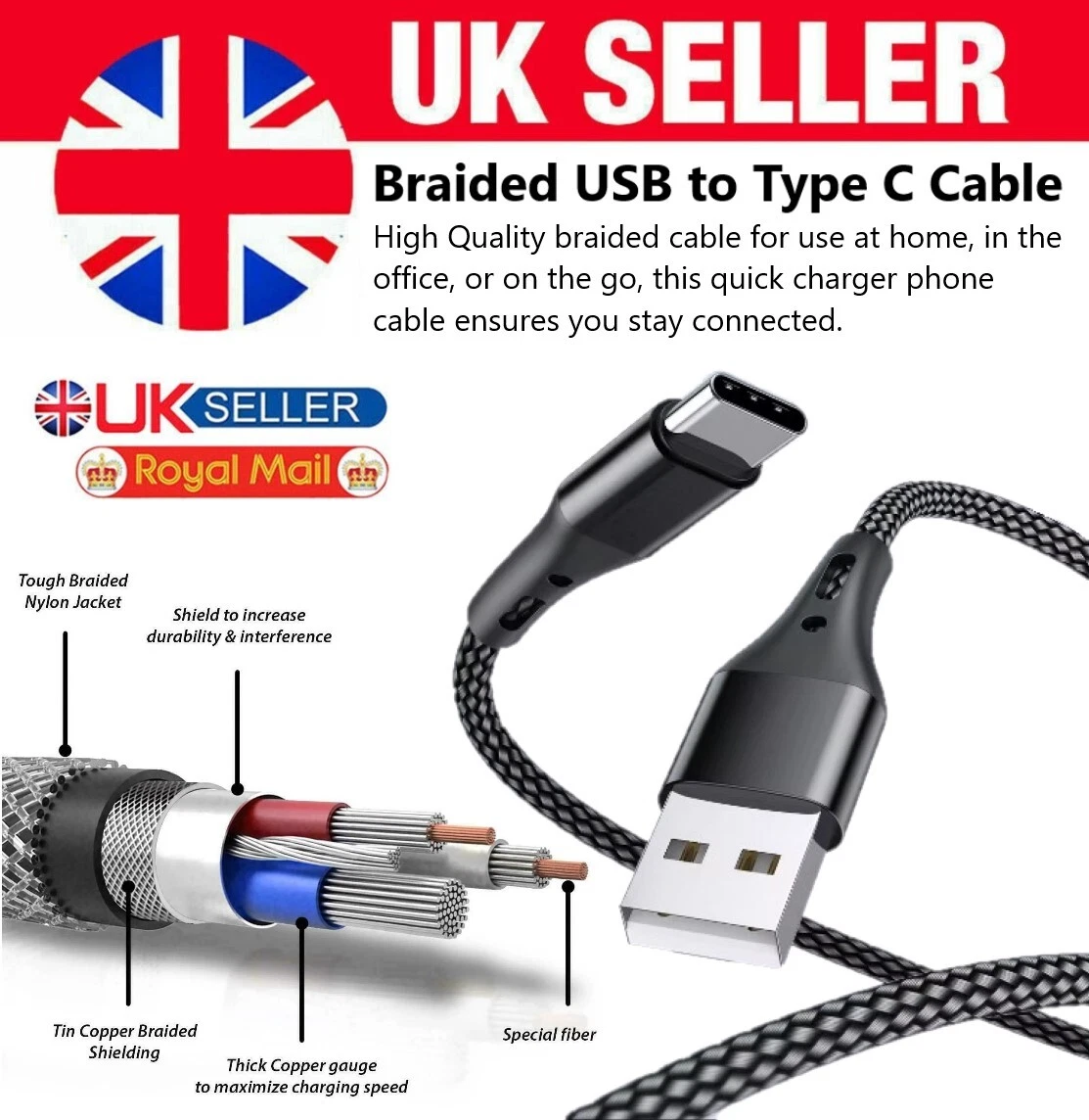 Câble Multi USB 3 En 1 Tressé 1.2m - USB-C, Micro-USB, Lightning, Doré, Neuf