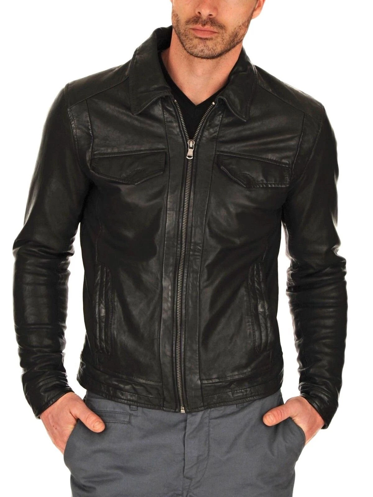 Men's Real Leather Black Lambskin Spread Collar Biker Jacket Street Fashion Wear