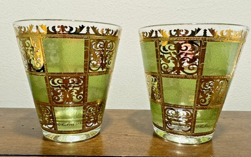 VTG Pair Of Culver Prado Green 22K Gold Mid century Modern Lowball Rock Glasses