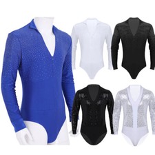 Mens Latin Dance Bodysuit Long Sleeve Tango Rumba Shiny Leotard Shirt AU