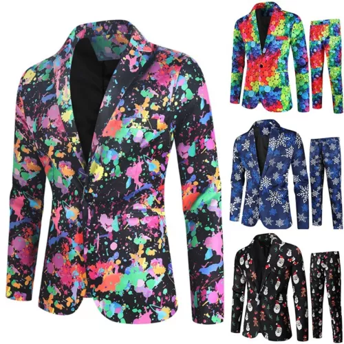 Mens Christmas Blazer Festive Coat Print Suits Jacket Xmas Party Jacket Costumes - Picture 9 of 54