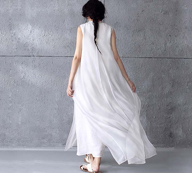 chinese dress ladies White Linen Kaftan Dress - Kaftan Maxi Dress, Long Sleeves & Pockets main image 1
