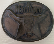 VTG Marlboro Belt Buckle Tobacco Rodeo Cowboy Bull Logo Brass 80's