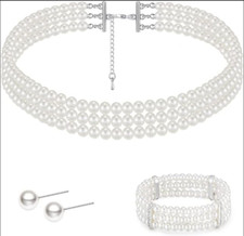 White Pearl Choker Necklace Multi Strand Pearl choker Necklace Short Pearl Neckl
