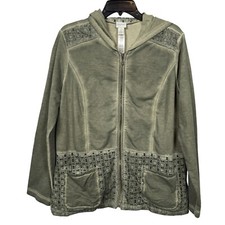 Chicos Zenergy Knit Washed Novelty Jacket Size 2 US Large Green Full Zip Eyelet