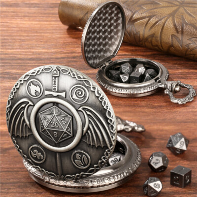 Dungeons Gaming 7pcs Metal Dice with Fighter Sword Pocket Watch Case FOB Chain