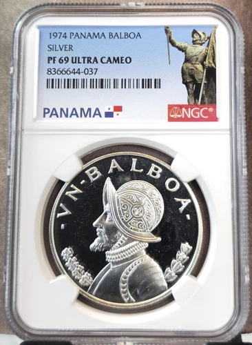 1974 PANAMA SILVER 1 BALBOA VASCO NUNEZ NGC PF 69 ULTRA CAMEO RARE TOP POP