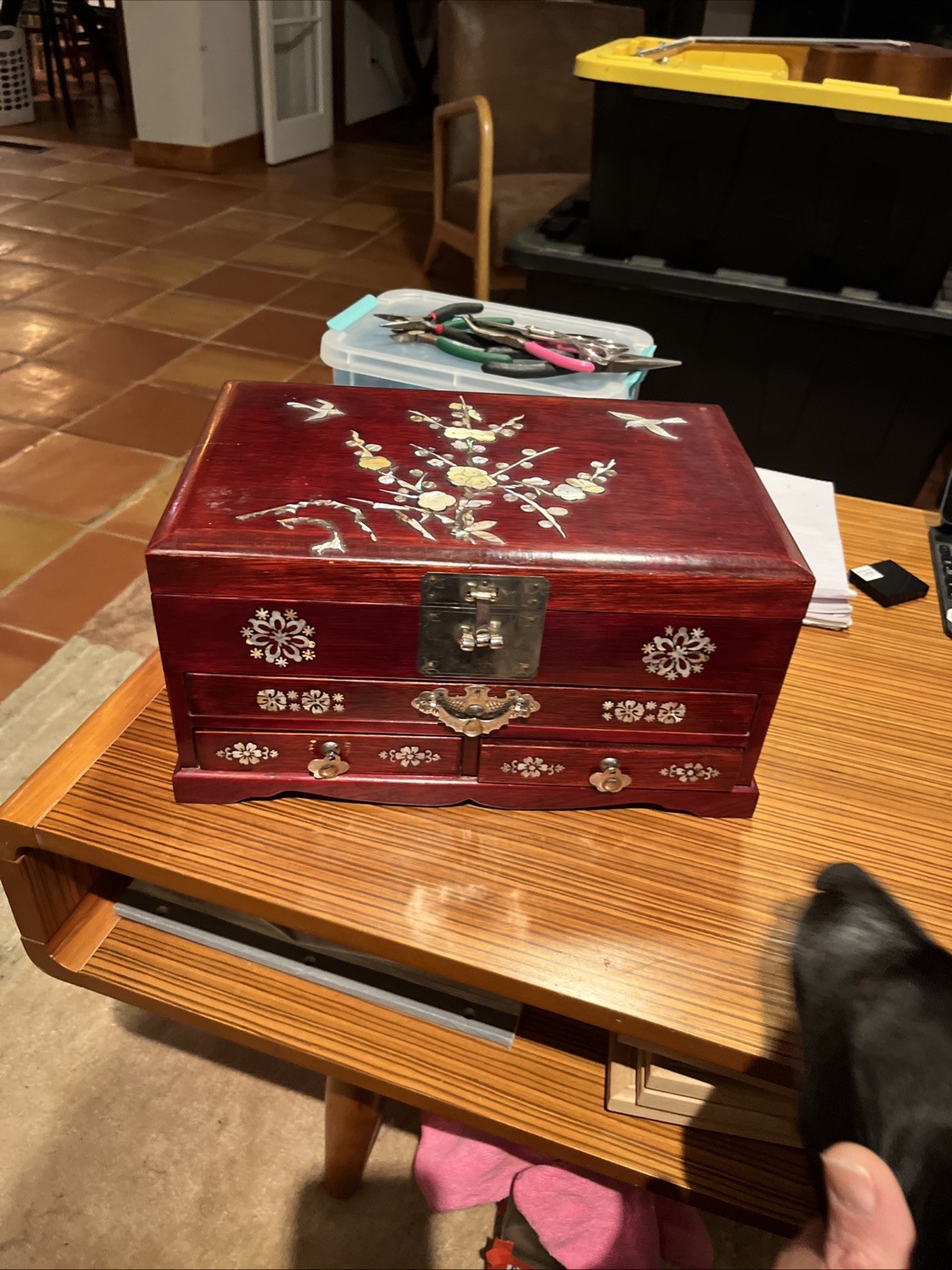 Vintage Mother Of Pearl Inlayed Musical Jewelry Chest