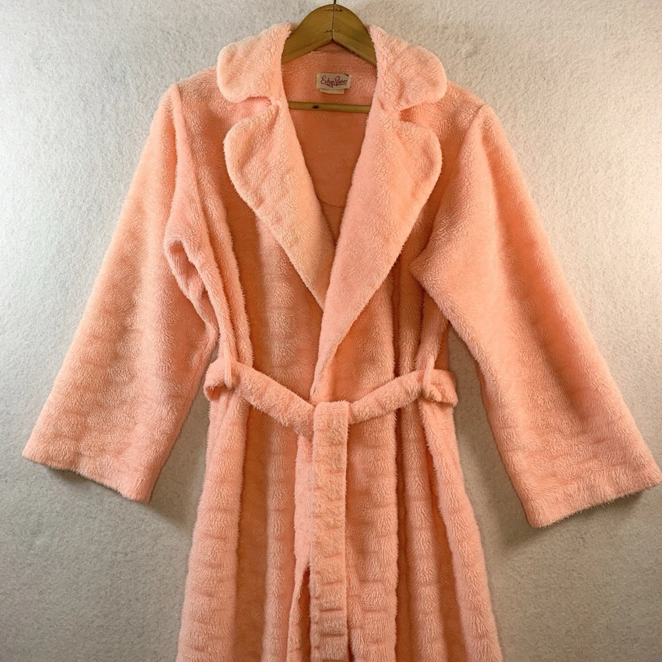 Bata vintage años 60 70 Evelyn Pearson tejido de canasta S/M rosa felpa tocador salón Foto 2 de 4
