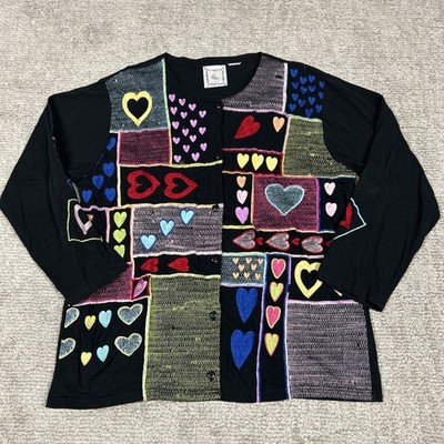 Michael Simon Cardigan Sweater Womens XL Black Valentines Day Embroidered Hearts