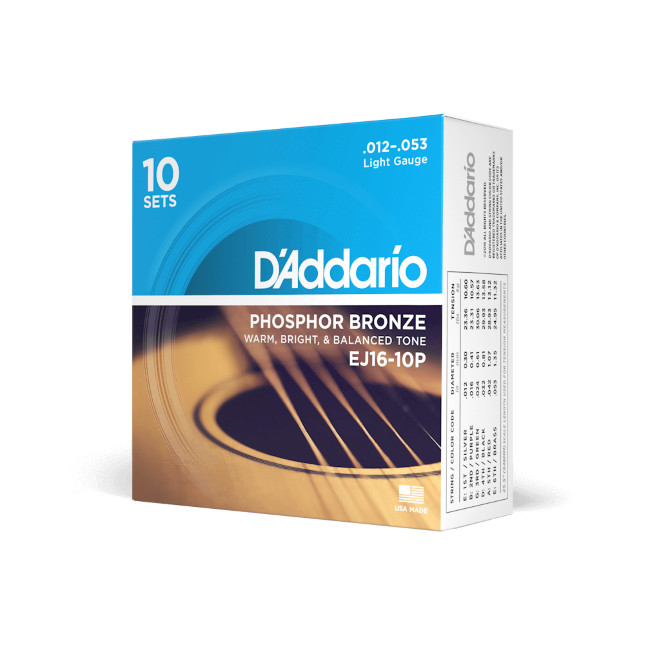 D'Addario Light 12-53 Phosphor Bronze Acoustic Guitar Strings TEN SETS