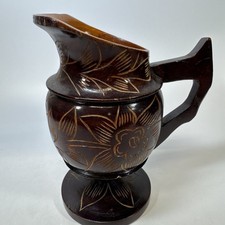 Vintage Hand Carved Wooden Pedestal Vase with Flower Leaf Design 9"