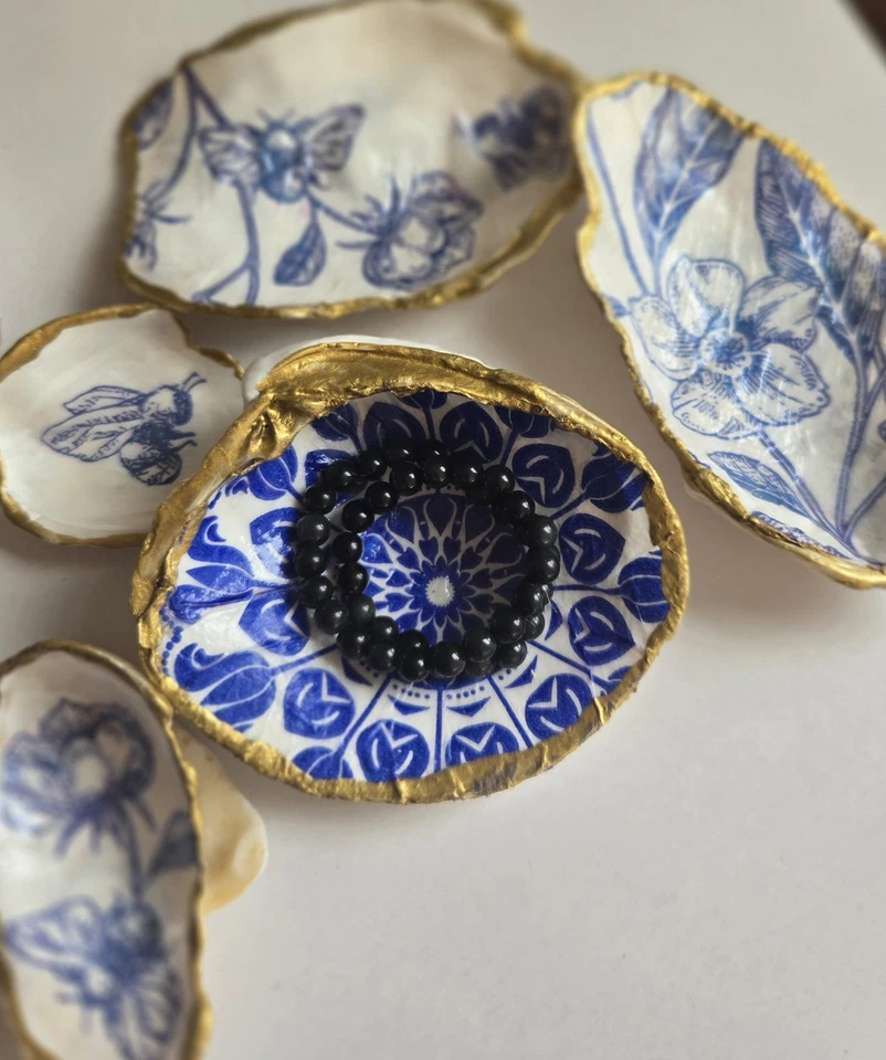 Handcrafted  Decoupaged  Blue/White Floral Oyster Shell W/ Gold Accents Set 10 - Image 2 of 4