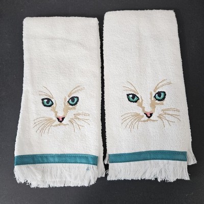 NWOT Vintage Cannon Lot Of Two Cat Face Hand Towels With Green Accent 15.5x24'' 