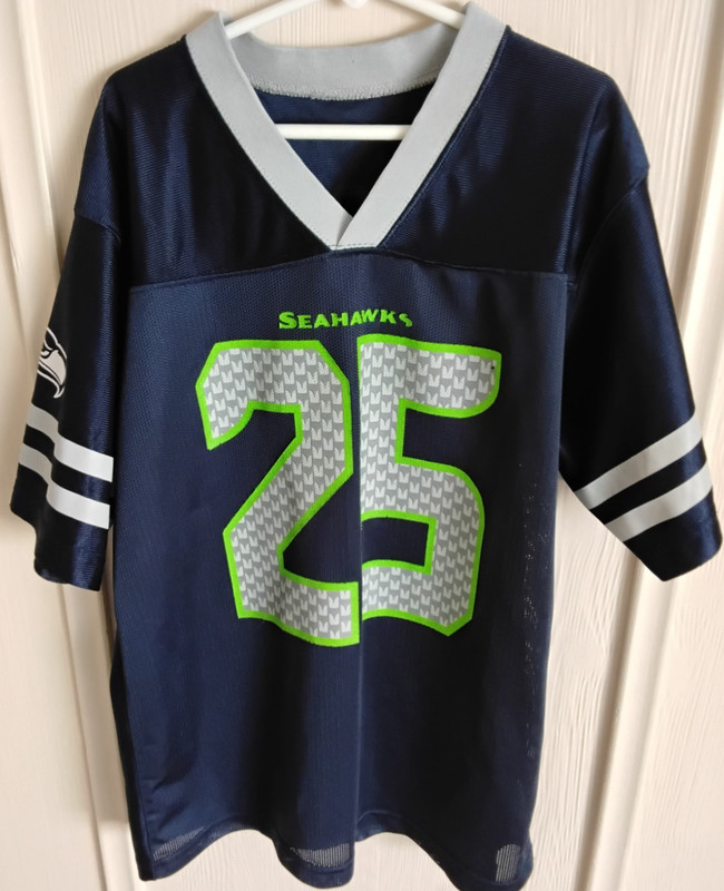 Seahawks Sherman 25 Boys or Girls Jersey Shirt Navy/Lime Green Size L (12-14)