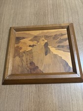 Marquetry Wood Mountain Scene With Farmhouse Vintage From Italy Including Frame