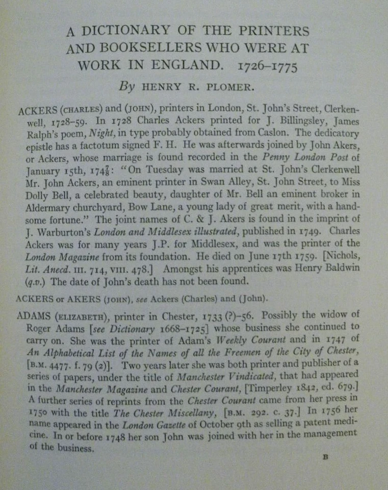 A DICTIONARY OF THE PRINTERS & BOOKSELLERS IN ENGLAND & SCOTLAND 1726-75 Oxford - Image 3 of 4