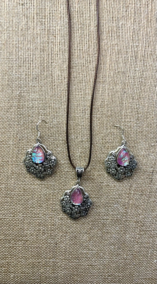 Collar Pendientes Rosa Topacio Místico Floral Grabado Plateado Bali Victoriano Foto 4 de 4