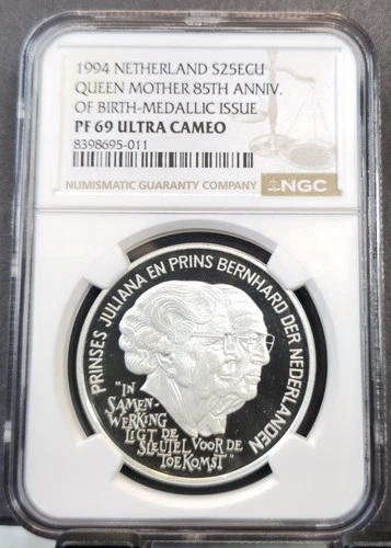 1994 NETHERLANDS SILVER 25 ECU QUEEN MOTHER NGC PF 69 ULTRA CAMEO RARE TOP POP