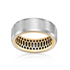 Bague homme's en acier inoxydable avec incrustation de feuille de carbone noire et ion doré