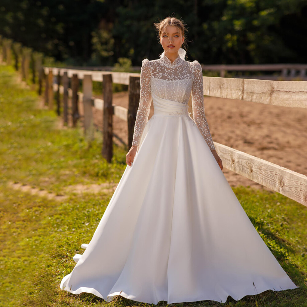 Luxury High Neck Long Sleeves Applique Button Back Satin Wedding Dress Ball  Gown | eBay