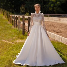 Luxury High Neck Long Sleeves Applique Button Back Satin Wedding Dress Ball Gown
