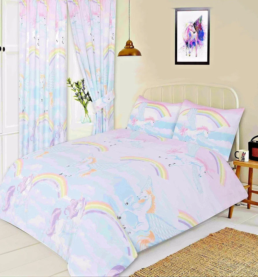 DOUBLE BED DUVET COVER SET MYSTICAL UNICORNS CLOUDS RAINBOW PINK LILAC YELLOW